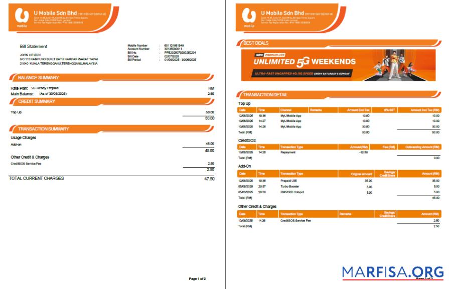 Downloadable Malaysia U Mobile utility bill template in Word and PDF formats, 2 pages, version 2